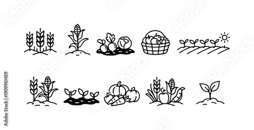 Agriculture, farming outline icon set. Harvest, planting, crop growth outline collection