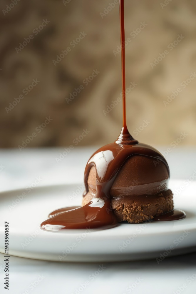 Fototapeta premium A spherical chocolate dessert sits on a white plate receiving a continuous pour of rich dark chocolate sauce that cascades down its sides