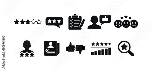 Rating, review solid icon set. Feedback, performance, evaluation icons collection