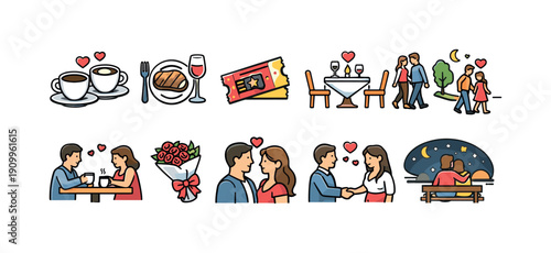 Date night line icon set. Romance, dating, couple activities icons collection