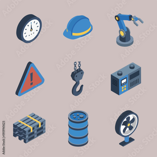 Isometric vector icons depicting a collection of industrial, manufacturing, and workplace safety elements and machinery.