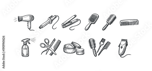 Hair salon tools line icon set. Styling, grooming equipment linear collection