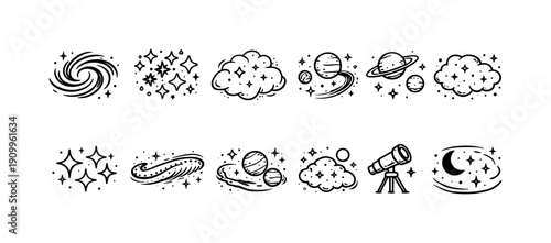 Space and astronomy outline icon set. Celestial bodies in line art collection