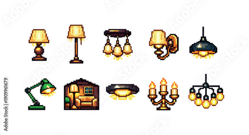 Lighting, lamps flat icon set. Elegant home lighting fixtures flat collection