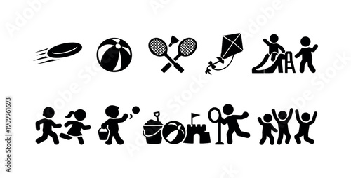 Outdoor sports and playground silhouette icon set for kids' activities
