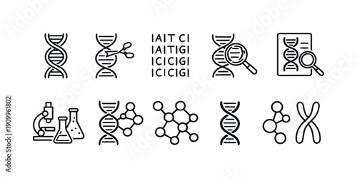 Genetics, dna line icon set. Scientific research and molecular biology icons collection
