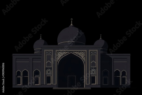 A symmetrical dark building with three domes a central arched entrance and decorative geometric and floral patterns in light gold set against a black background