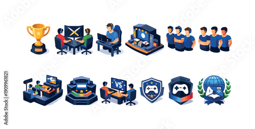 Esports and gaming 3d icon set. Multiplayer, virtual competition icons in 3d style.