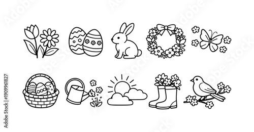 Easter, spring outline icon set. Bunny, egg, flower, wreath outline collection.