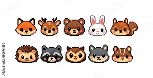 Woodland animal icon set. Cute pixel, deer, fox, rabbit, bear outline collection
