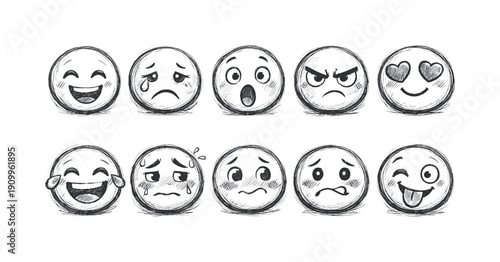 Emoji sketch icon set. Expressive hand-drawn emotions in outline design.