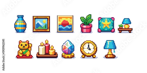 Retro home decor flat icon set. Vintage style, home accessories flat icons collection
