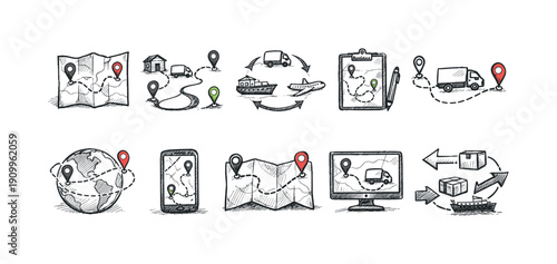 Logistics, shipping outline icon set. Delivery, transportation sketch icons collection