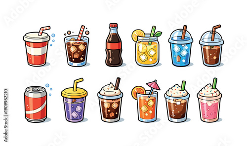 Beverage, drinks flat icon set. Refreshing flat icons collection for summer refreshments