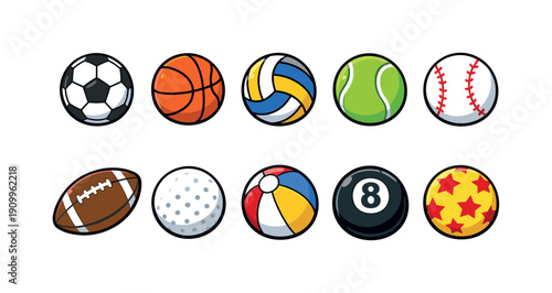 Sports ball icon set. Soccer, basketball, tennis and more balls in flat style