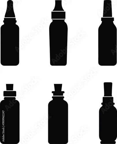 Set of black pharmaceutical glass bottle silhouettes and medical vials with droppers and pipettes isolated on a plain white background.