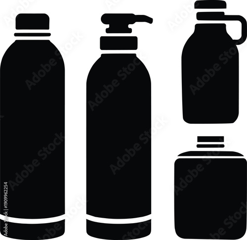 Set of black reusable water bottle silhouettes and metal thermos flask icons with sports caps and pump dispenser isolated on white background