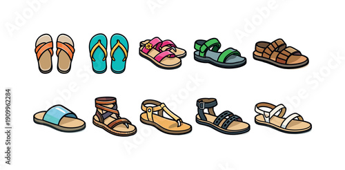 Footwear, sandals outline icon set. Stylish, casual sandal icons collection.