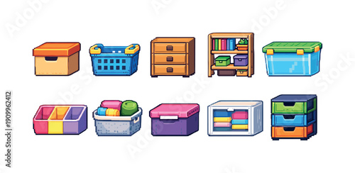 Home organization, storage container icon set. Neat, tidy living spaces 3d icons.