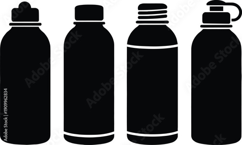Set of black reusable water bottle silhouettes and metal thermos flask icons with sports caps and pump dispenser isolated on white background