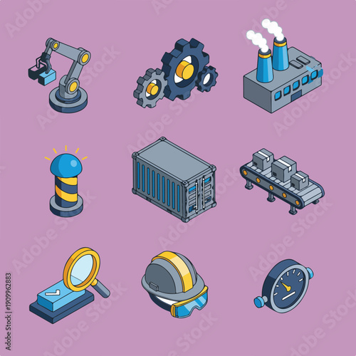 A collection of nine isometric vector icons illustrating industrial and technological processes like manufacturing, logistics, automation, and safety.