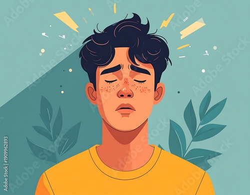 Illustration of a young person with eyes closed, expressing a pensive or troubled emotion