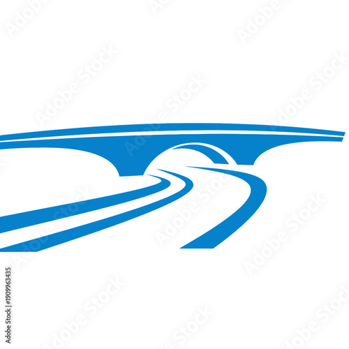 Blue bridge illustration with road leading through the archway, simple design.