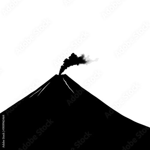 Silhouette of a volcano erupting with smoke against a white background.