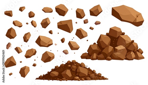 Illustration of brown cartoon rocks a pile, falling, and scattered on white background