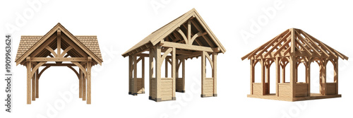 Tablou pe pânză Trio of Traditional Wooden Timber Frame Gazebos and Pavilions Isolated on White