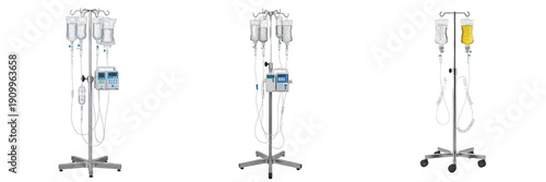 Trio of Mobile Medical IV Stands with Intravenous Fluid Bags and Electronic Infusion Pumps