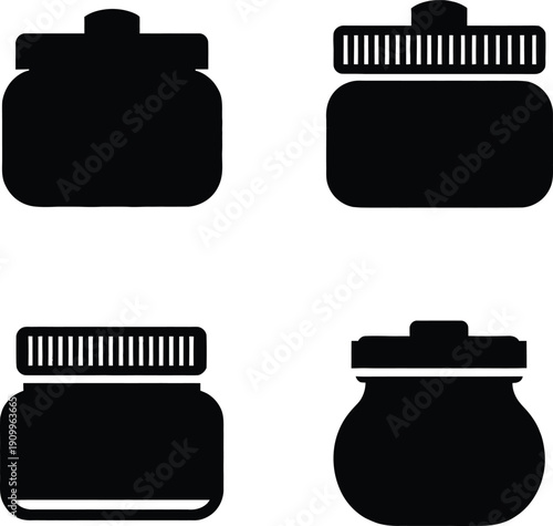 Black silhouettes of cosmetic jars and cream containers set on white background. Beauty packaging icons for skin care product and medical ointment design