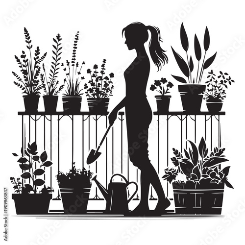 Black Balcony gardening Silhouette Vector, High Quality Illustration on White Background