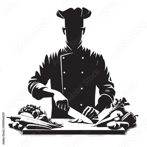 Black Chef chopping vegetables Silhouette Vector, High Quality Illustration on White Background