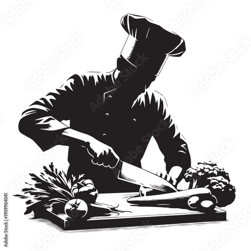 Black Chef chopping vegetables Silhouette Vector, High Quality Illustration on White Background
