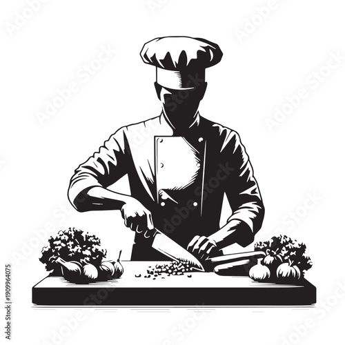 Black Chef chopping vegetables Silhouette Vector, High Quality Illustration on White Background