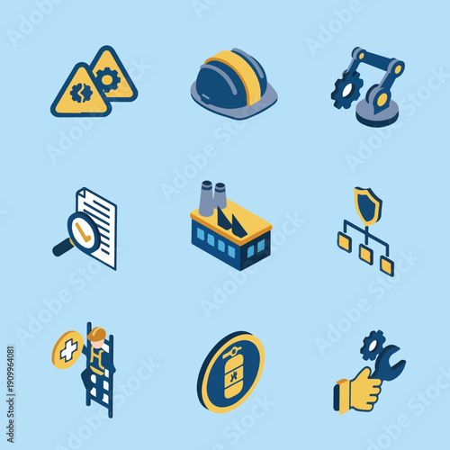 A set of isometric icons depicting various aspects of industrial safety, maintenance, manufacturing, and workplace protection.