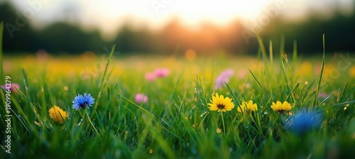 Panel kuchenny z motywem Fresh green grass and colorful wild flowers are growing in a lush meadow, sparkling with morning dew and illuminated by warm golden sunlight during a beautiful summer dawn