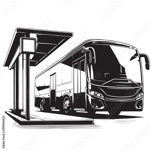 Black Bus waiting Silhouette Vector, High Quality Illustration on White Background