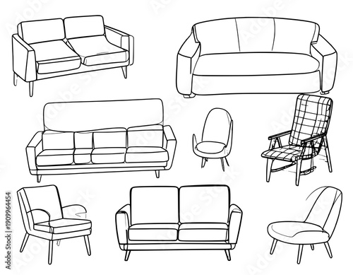 Comfort sofa and armchair hand drawn doodle outline furniture icons modern couch vector set