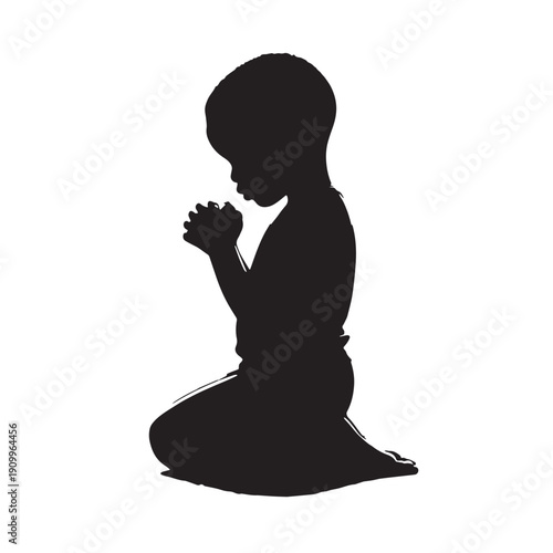 Black Child learning prayer Silhouette Vector, High Quality Illustration on White Background