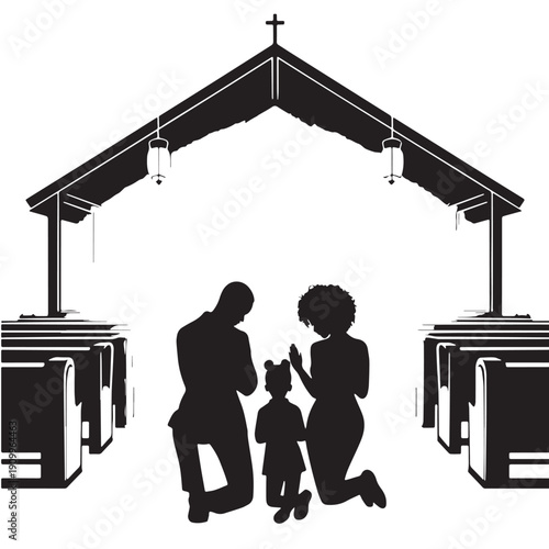 Black Church family prayer Silhouette Vector, High Quality Illustration on White Background