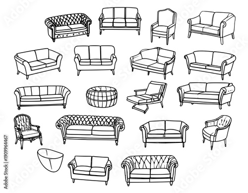 Luxury sofa and armchair doodle hand drawn outline icon collection elegant couch vector set