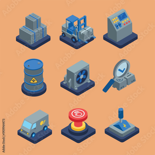 A collection of nine isometric vector icons representing various industrial, logistics, and technology elements like forklifts, control panels, and delivery vans.