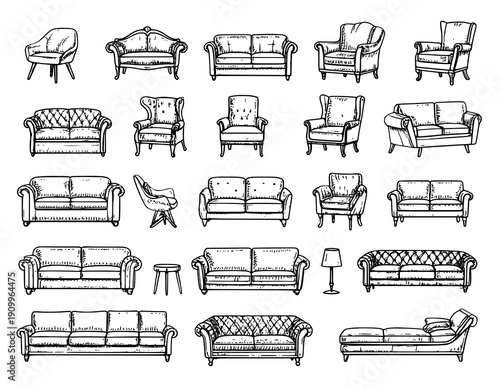 Hand drawn sofa and armchair doodle icon set luxury couch outline furniture vector collection