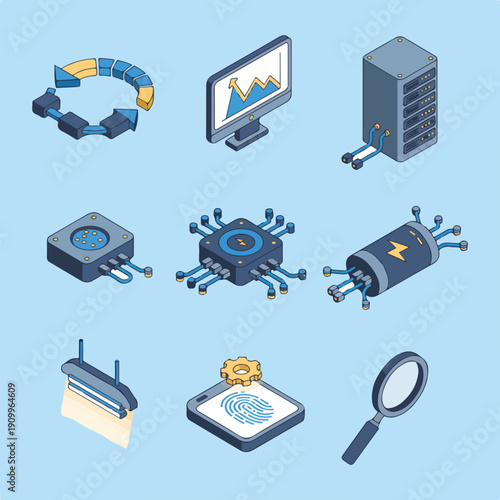 This vector illustration features a set of isometric icons representing various technological concepts like data analysis, networking, computing, and digital security.