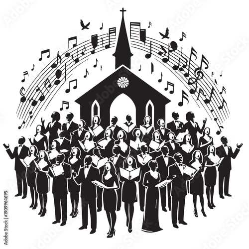 Black Choir singing church Silhouette Vector, High Quality Illustration on White Background