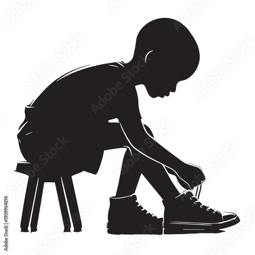 Black Child tying shoe first time Silhouette Vector, High Quality Illustration on White Background