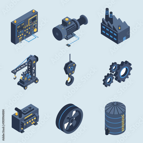 A vibrant set of isometric vector illustrations showcasing various industrial and mechanical equipment like a factory, crane, motor, and gears.