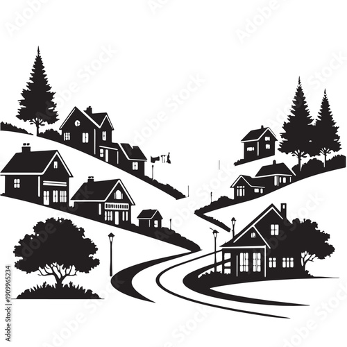 Black Clean village drive Silhouette Vector, High Quality Illustration on White Background